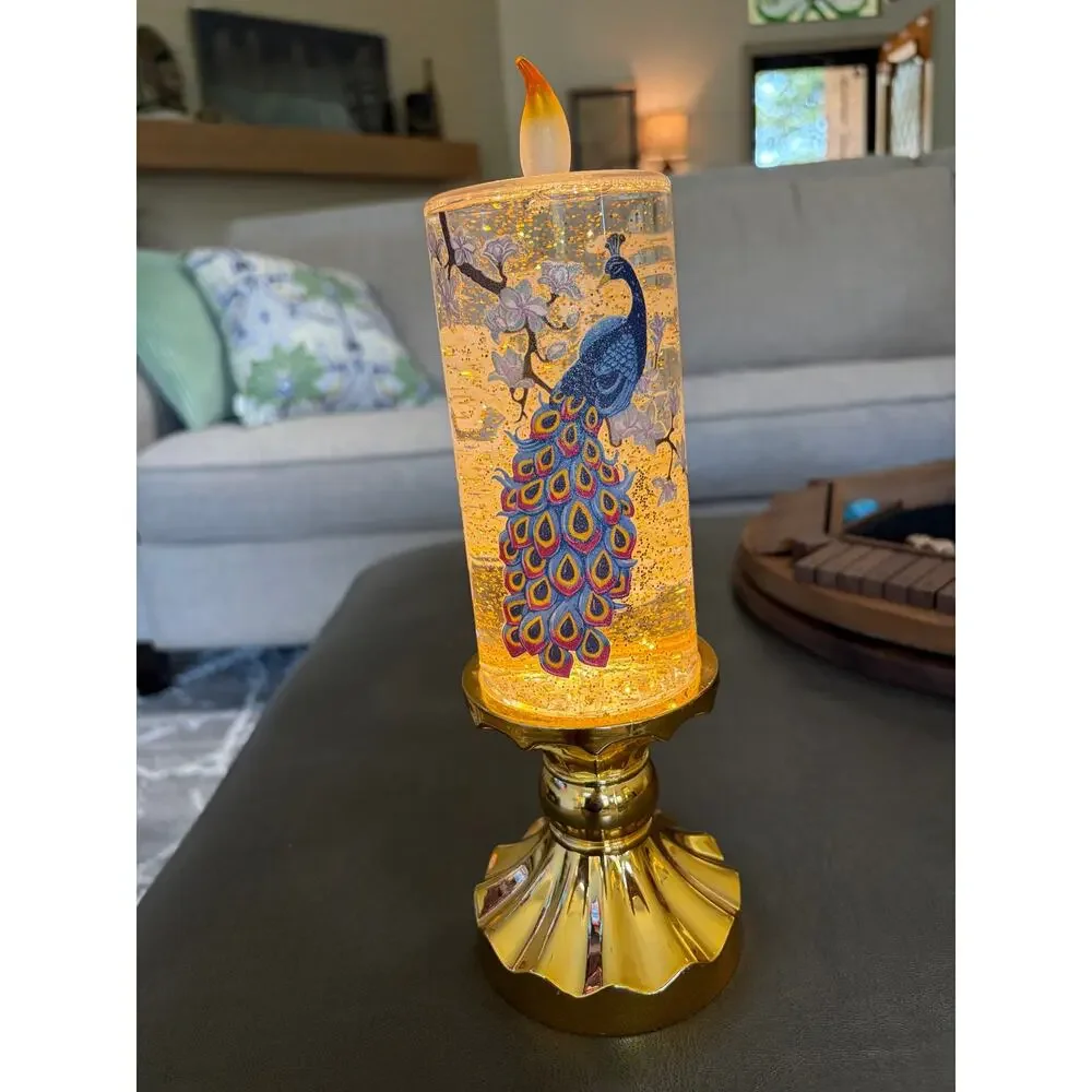 Cracker Barrel Peacock Candle Shaped Glitter Globe Light Up Pedestal Lamp 12
